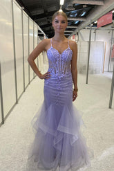 Beautiful Purple Spaghetti Straps Lace Sleeveless Prom Dress With Slit